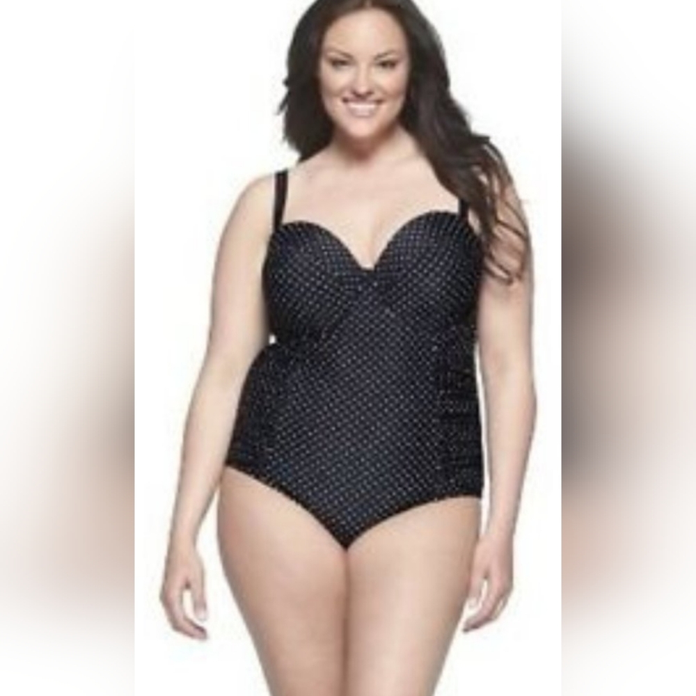 PURE ENERGY Black & White POLKA DOT Ruched one piece RETRO Swimsuit 24W